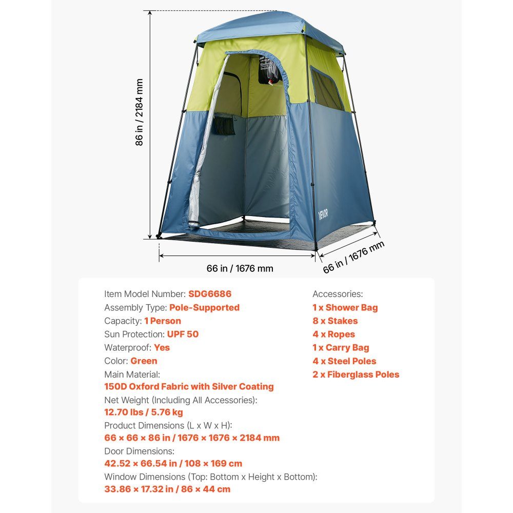 Shower tent with 1 room & shower bag, toilet tent (1676x1676x2184 mm) changing tent including pegs and ropes as well as carrying bag and support poles made of 150D Oxford fabric for camping beach fishing in green