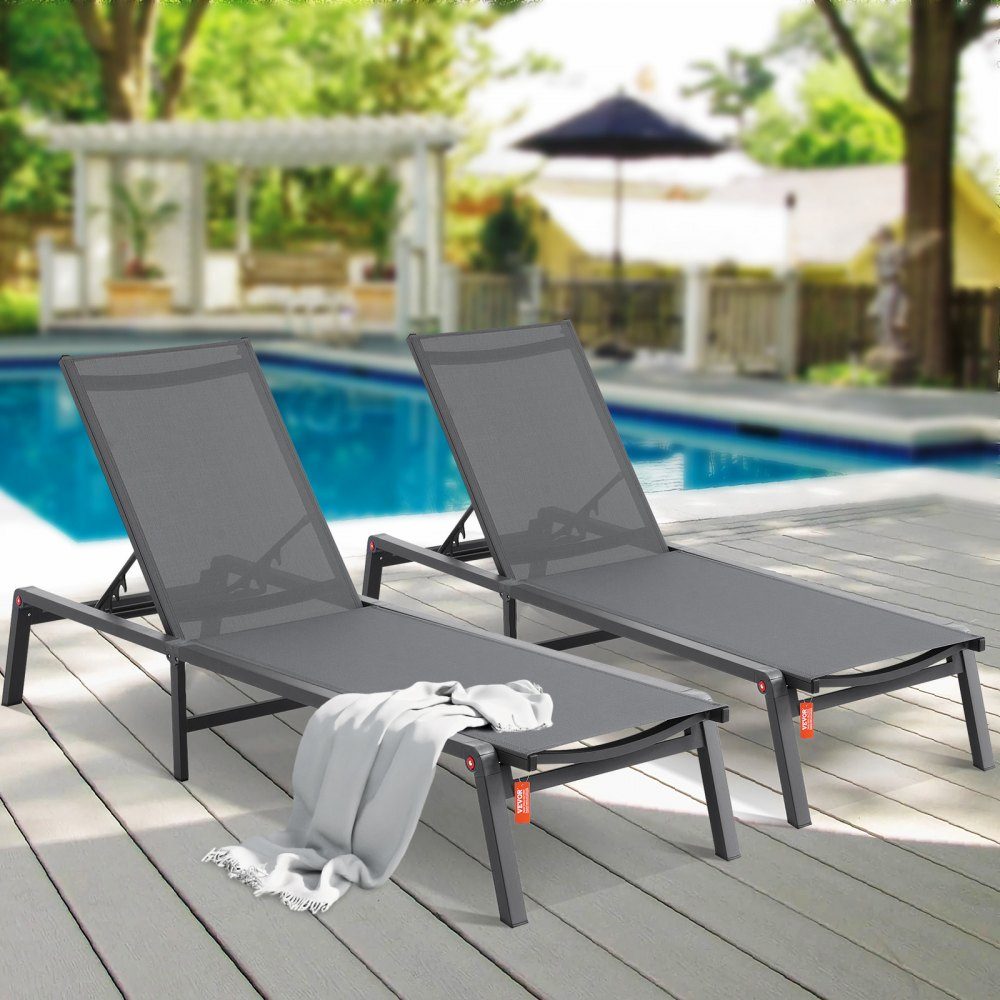 Outdoor Chaise Lounge Chairs, Aluminum Patio Lounger Chairs with 5 Adjustable Positions, Folding Pool Lounger Chairs, Deck Chairs and Totally Flat Sun Chairs for Patio Beach Pool, Dark Gray, 2 Pack