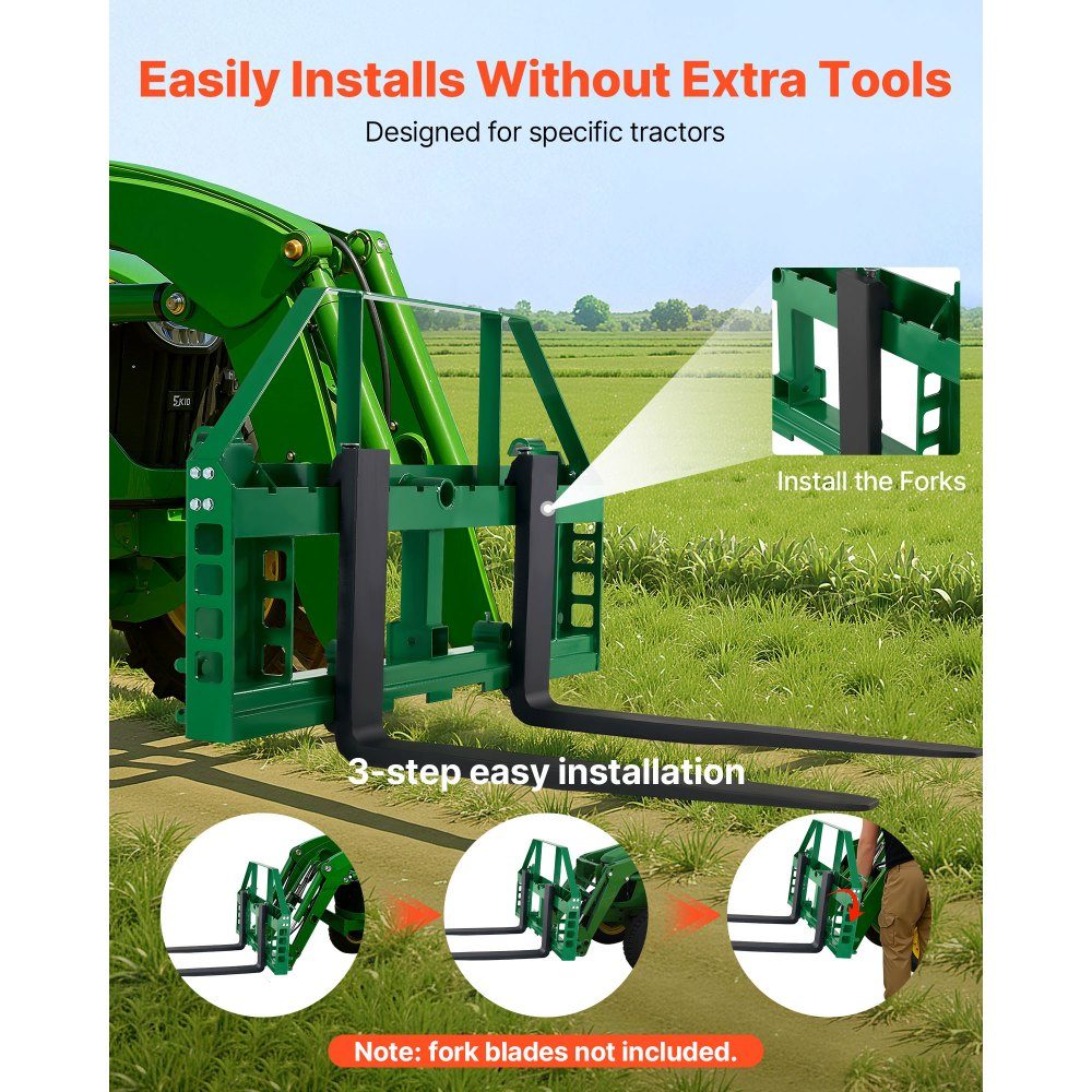 Skid Steer Loader 1814kg 1270 x 150 x 752mm Pallet Fork Frame Mounts with 50.8mm Hitch and Spear Sleeves Fits John Deere Quick Attach Loader Frames Only – Part No. HT-23026