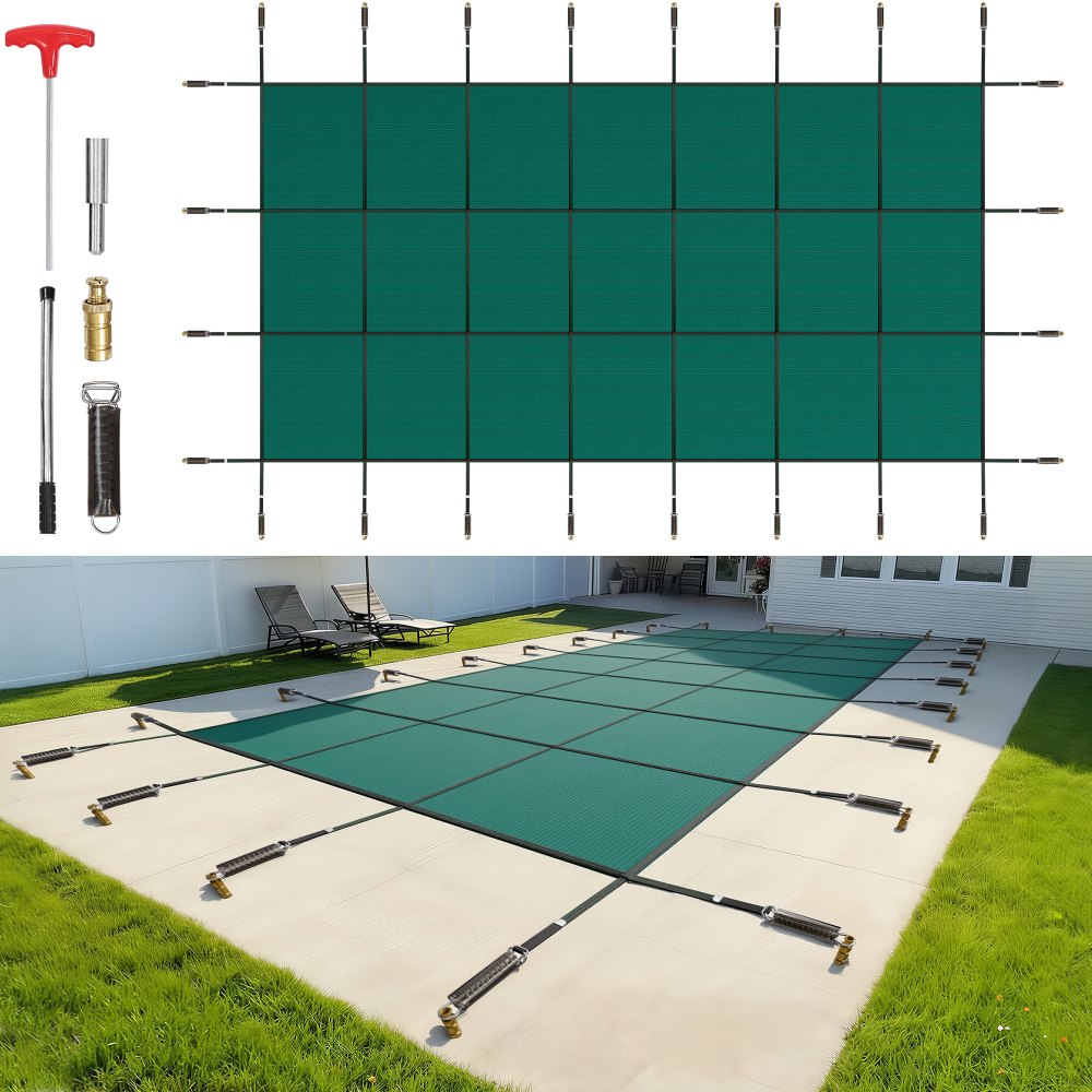 Pool tarpaulin, suitable for rectangular, in-ground pools (4.9 x 9.8 m), safety cover with drainage holes, opaque mesh cover for swimming pools, winter tarpaulin, green Pool tarpaulin, suitable for rectangular, in-ground pools (4.9 x 9.8 m), safety cover with drainage holes, opaque mesh cover for swimming pools, winter tarpaulin, green