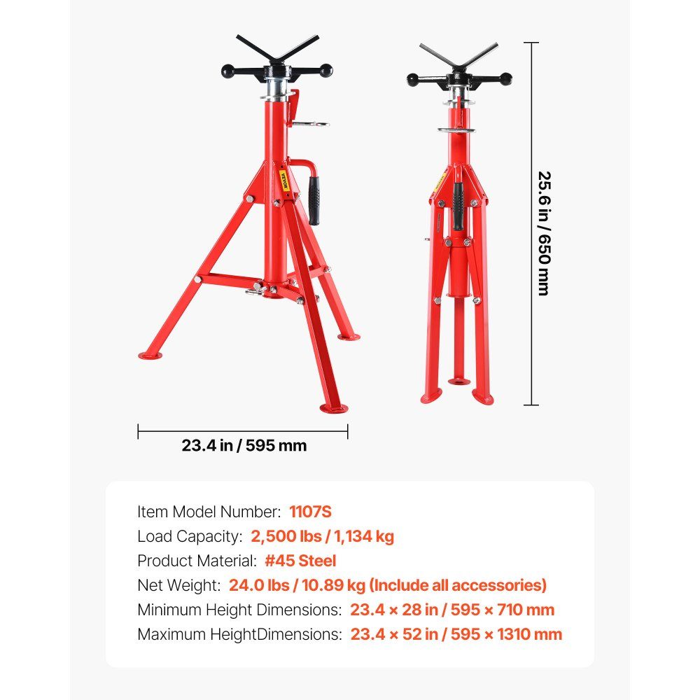 Stojak na rury z głowicą V 3,175–304,8 mm Pojemność Regulowana wysokość 71,12–132,08 cm Stojak na podnośniki do rur 1133,98 kg Nośność, przenośny składany stojak na rury, obudowa ze stali węglowej, trwalsza
