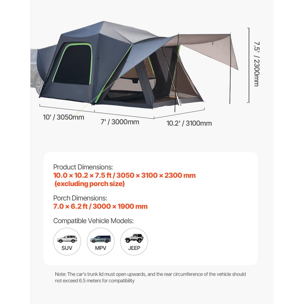 Tente de camping pour voiture SUV (305 x 310 x 230 cm) étanche PU2000 spacieuse double couche pour 5 à 8 personnes Tente de camping SUV avec auvent d'ombrage, fenêtres en maille, auvent de pluie et sac Tente de camping pour voiture SUV (305 x 310 x 230 cm) étanche PU2000 spacieuse double couche pour 5 à 8 personnes Tente de camping SUV avec auvent d'ombrage, fenêtres en maille, auvent de pluie et sac