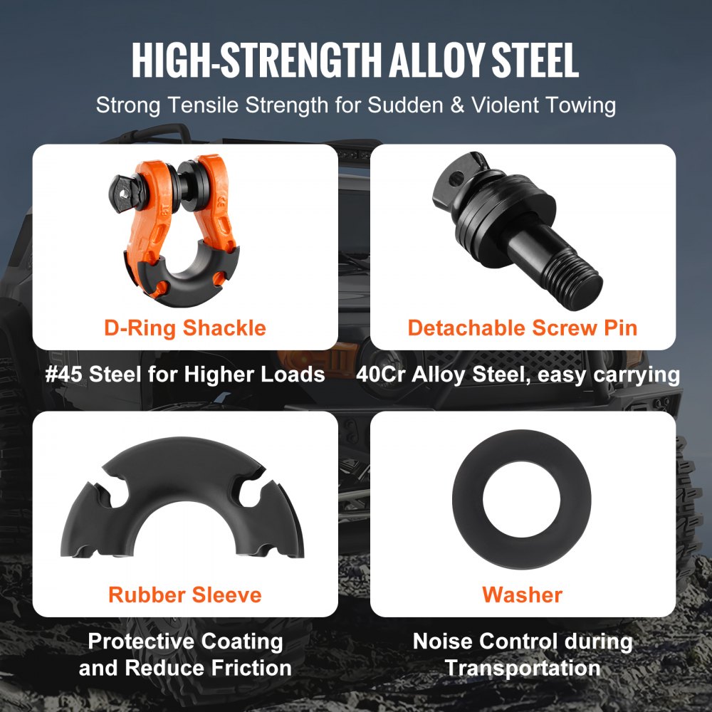 3/4" D-ring beugel, 2 stuks gelegeerde stalen beugels, 30 ton breeksterkte, met 7/8" schroefpen, isolatoren en ringen, zware terreinwagen herstelbeugel voor Jeep Trucks, oranje
