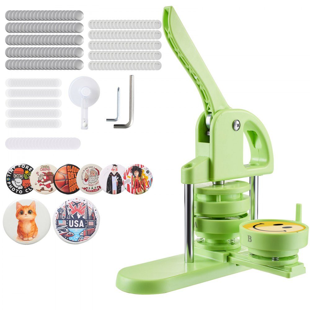 Button machine button maker machine badge punching press 75 mm round, pin maker with 100 button parts & circle cutter & magic book & reinforced ergonomic handle, DIY button press machine green