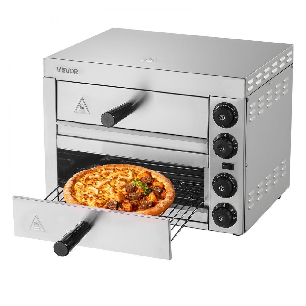 12" 1700W Electric Pizza Oven with temperature control and 0-60 minute timer, even baking technology and easy to clean crumb tray, ideal for commercial and residential kitchens