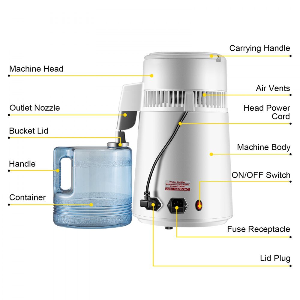Waterdestilleerder drinkwater, 750W waterdestilleerder 1,3 L/H distilleerder waterdestilleerder, 304 roestvrijstalen witte distilleerder met handvat, thermostaat