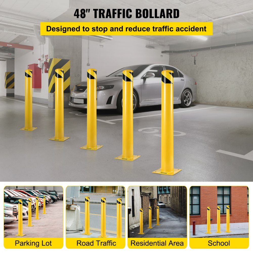 Borne de sécurité, poteau en acier, hauteur 122 cm, profondeur 14 cm, signalisation jaune, barrière tubulaire en acier