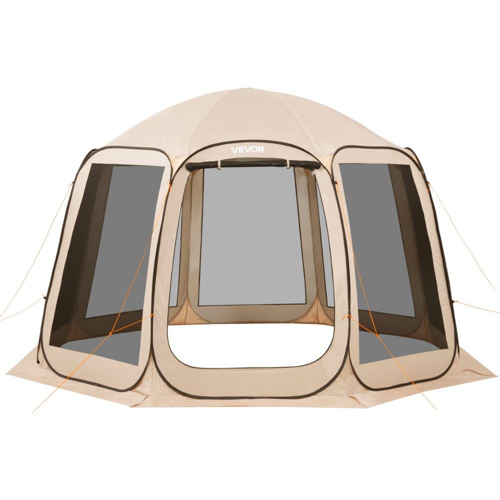Pop Up Tent 144" x 134" Portable Camping Tent for 10-12 People with Net, Carry Bag, Side Walls and Pegs for Garden, Patio and Outdoor Activities, Beige