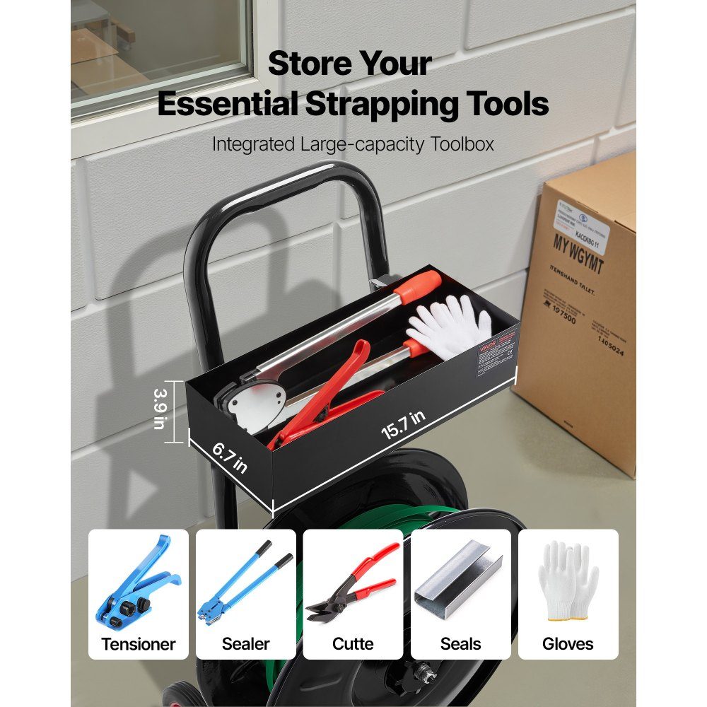 Dispenser, suitable for PET/PP/polyester strapping rolls with 203 mm core size, strapping dispenser with improved braking system, integrated spacious storage space for tools