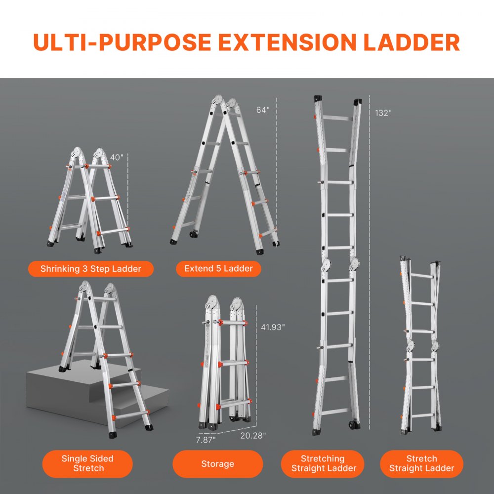 Telescopic A-Frame Ladder 3350mm Compact Aluminum Extension Ladder Multifunctional Portable Folding RV Ladder Telescopic Ladder for Homework Stairs Indoor Outdoor Roofs 150kg Load Capacity