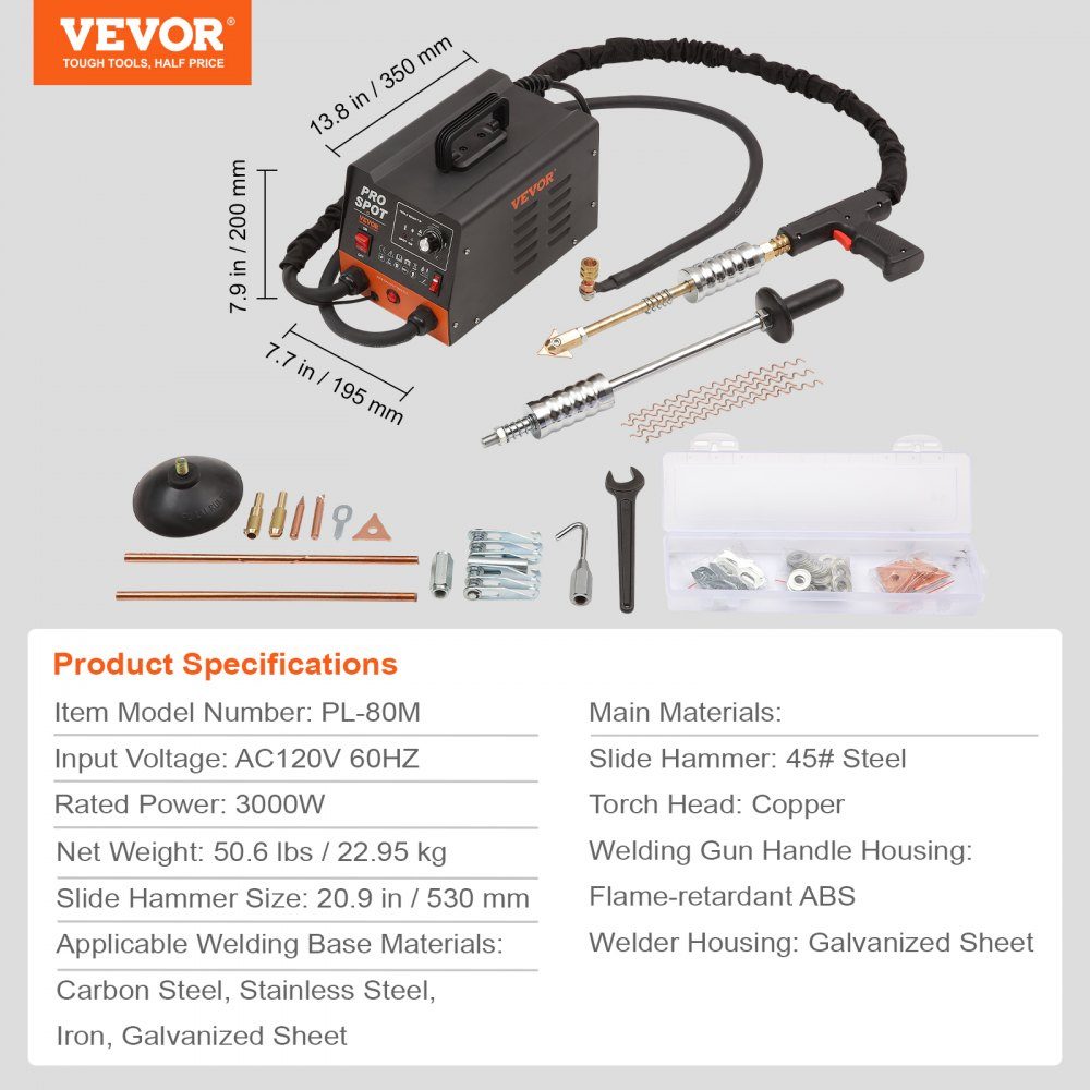 Spot Welder Dent Remover 3KW Stud Welder Dent Remover 6 in 1 Welder with Overheat Protection System Body Spotter 1.2mm Welding Thickness for Carbon Steel Stainless Steel Iron
