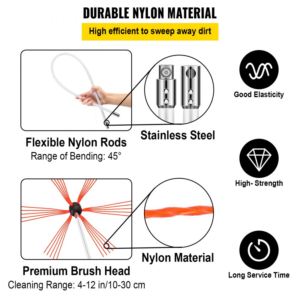 Brosse de cheminée en nylon, brosse de cheminée, pour tuyau de poêle, 6 m, raccords professionnels en acier inoxydable avec tiges en nylon flexibles Brosse de cheminée en nylon, brosse de cheminée, pour tuyau de poêle, 6 m, raccords professionnels en acier inoxydable avec tiges en nylon flexibles