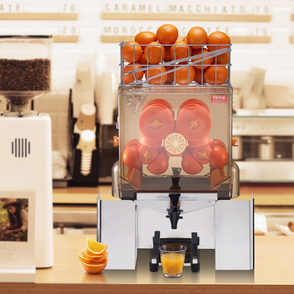 Kommerzielle Orangenpresse, halbautomatische 120-W-Entsafter, Edelstahl-Orangenpresse für 20 Orangen pro Minute, mit Wasserhahn und PC-Abdeckung, kommerzielle Zitruspresse, elektrische Zitruspresse