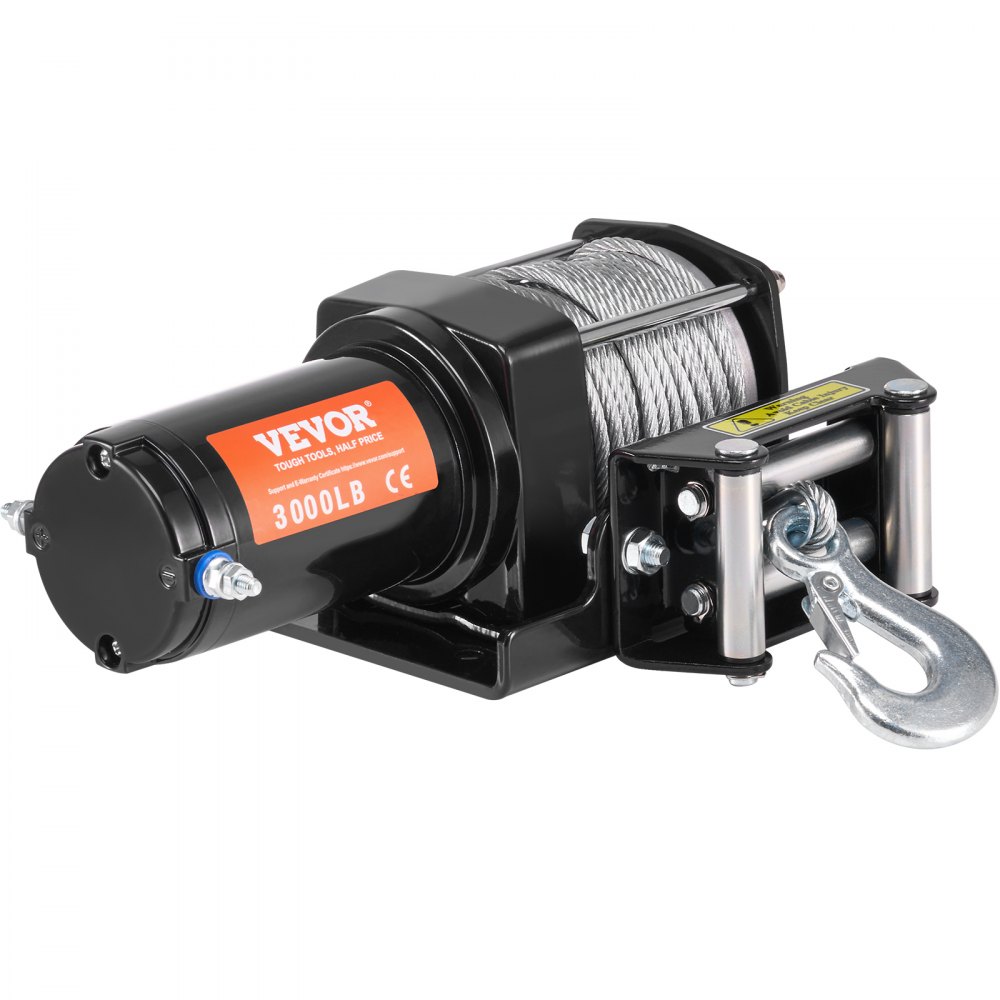 Treuil électrique, force de traction de 3 000 lb, 12 V CC pour ATV/UTV, avec câble en acier Φ 3/16" x 39 pieds, guide-câble à rouleaux, télécommande par câble, résistance à l'eau IP55, idéal pour la récupération tout-terrain UTV ATV