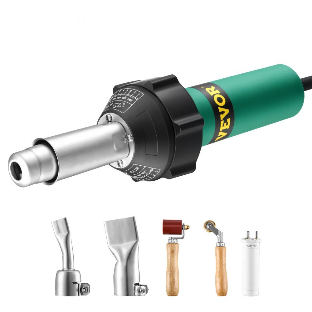 Soudeur plastique à air chaud, pistolet à air chaud 1600 W, torche de soudage pour vinyle PVC TPO 50-600 °C, ensemble de soudeur à air chaud avec 2 buses, rouleau de couture en silicone et cuivre pour feuilles PP/PE/PVC