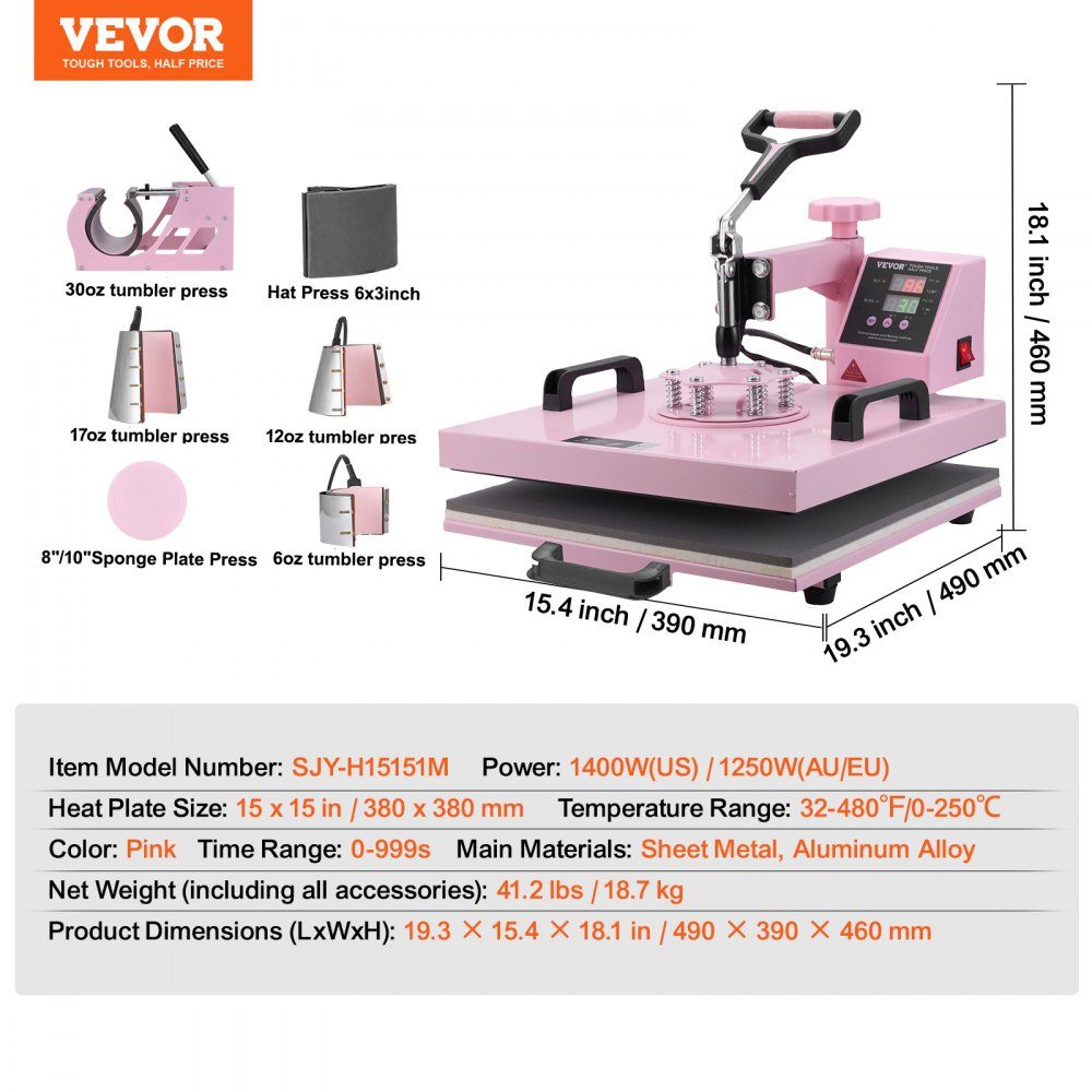 Transferpresse, 38 x 38 cm, 8-in-1-Tumblerpresse, T-Shirts, Rosa