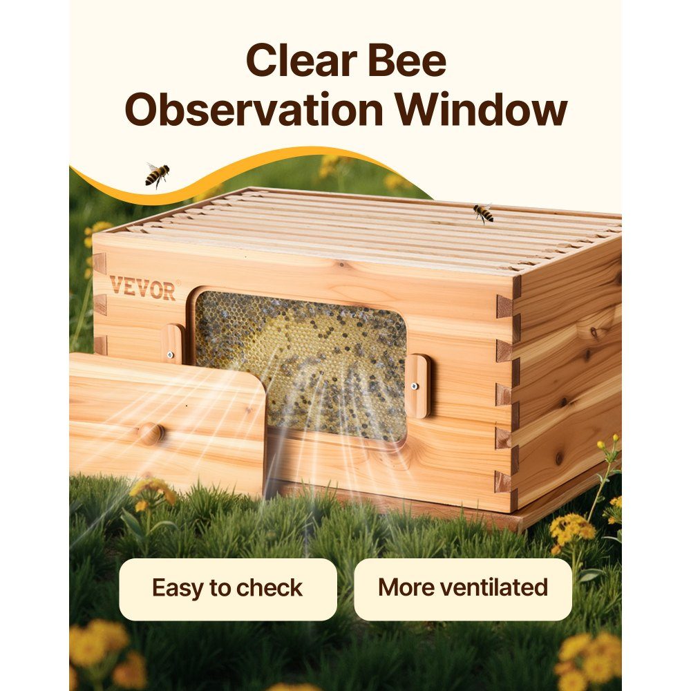 Beehive, 20 Frames, Zander Beehive, Beeswax Coated Fir Wood, 1 Deep + 1 Medium Bee Box, Langstroth Beehive Set, Clear Acrylic Windows with Foundations