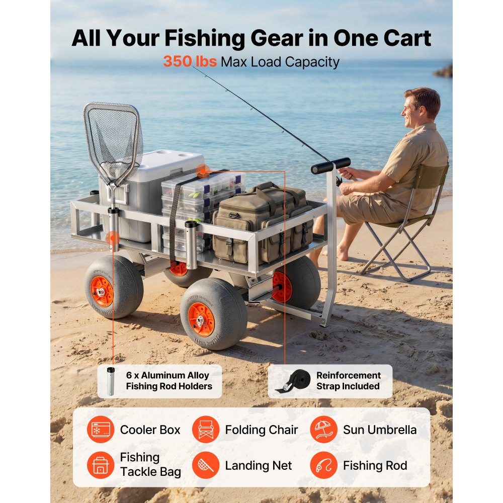 Folding Fishing Trolley, 159kg Handcart with 4 PU Pneumatic Tires for All Terrain, Transport Trolley with Aluminum Frame & 6 Rod Holders, Multifunctional Transport Trolley for Fishing, Camping, Beach