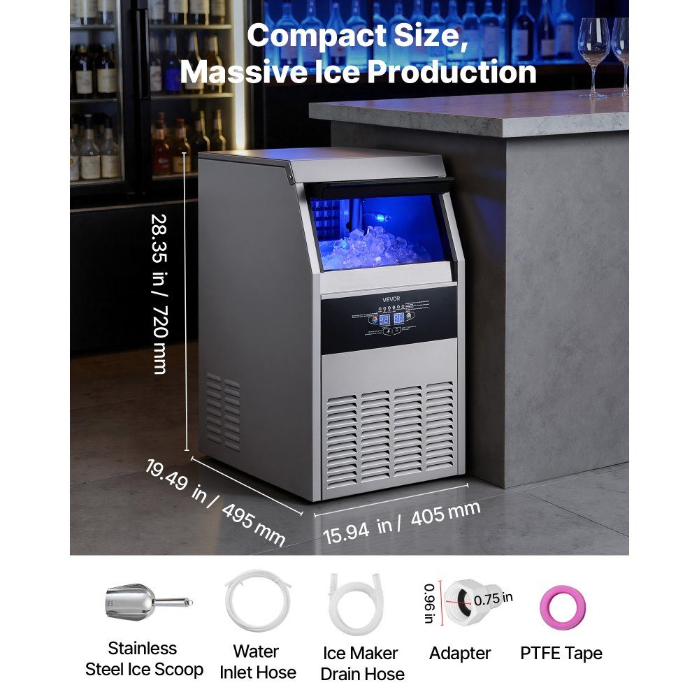 Machine à glaçons commerciale, machine à glaçons 59 kg/jour avec bac de stockage de glace de 14 kg, machine à glaçons autoportante en acier inoxydable avec affichage LED, autonettoyante, idéale pour la maison, bar, restaurant, café