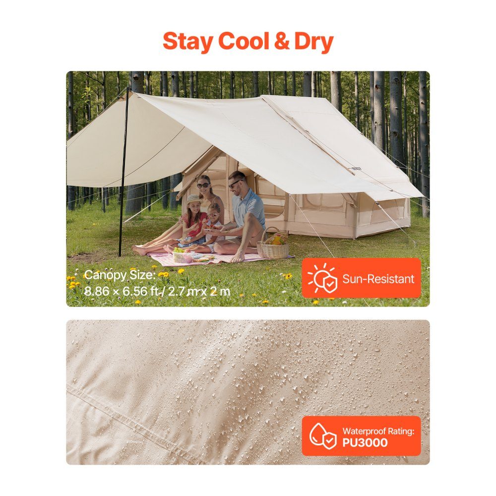 Aufblasbare Zelte für Camping, 3 x 2 x 2 m, 3–5 Personen, 300D Oxford, 4-Jahreszeiten-Glamping-Zelt mit Vordach, Handpumpe, Herdanschluss, 2 Türen und 2 Netzfenstern (Aufbewahrungstasche im Lieferumfang enthalten)