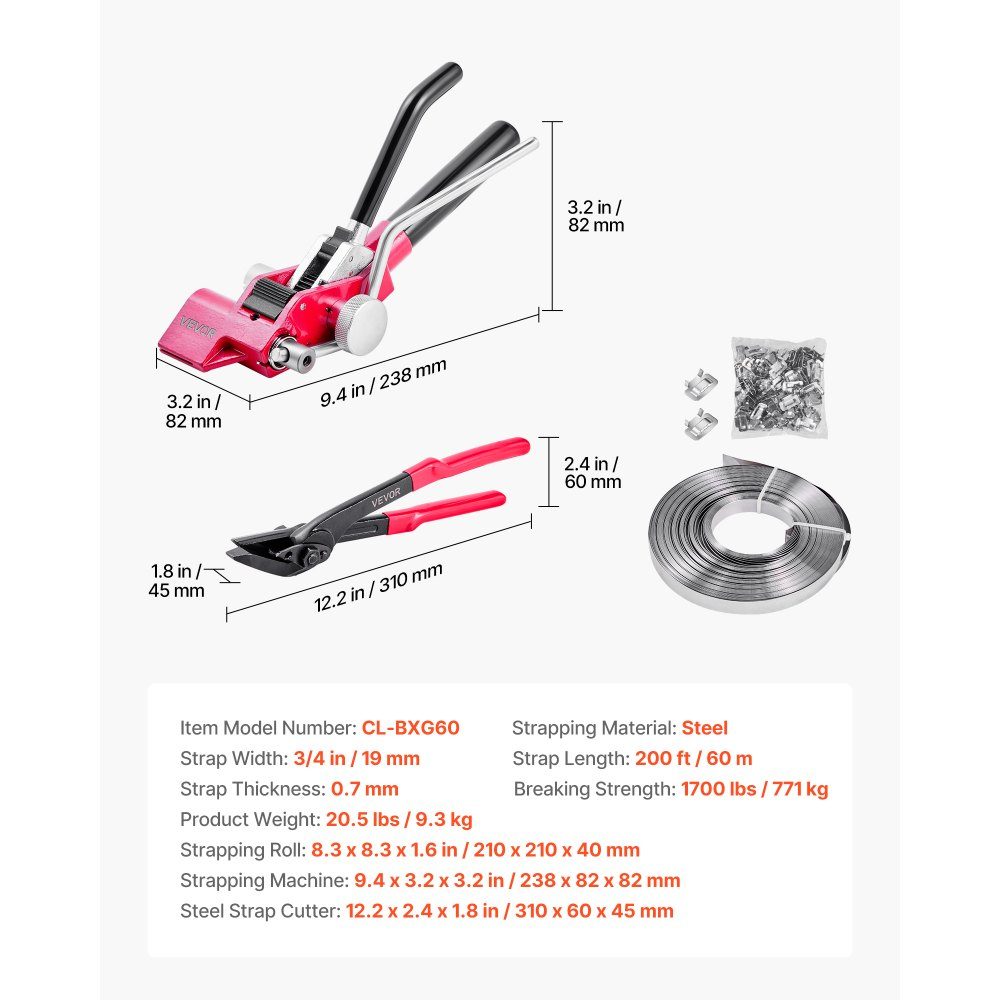 4-piece steel strapping set, manual strapping tool with 60m metal strapping, 200 metal clips and cutters, perfect workshop equipment for industrial packaging, transport and storage