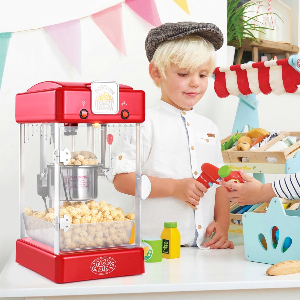 Popcornmaker, 300 W popcornmaker, 2,5 oz waterkoker voor 4QT per lading, popcornmaker op aanrecht met PP-deur, inclusief 2 scheppen en lade, bioscoopstijl, rood Popcornmaker, 300 W popcornmaker, 2,5 oz waterkoker voor 4QT per lading, popcornmaker op aanrecht met PP-deur, inclusief 2 scheppen en lade, bioscoopstijl, rood