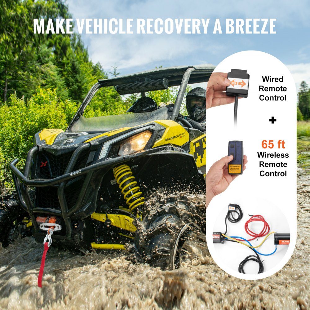 Electric Winch, 2048kg Pulling Force, 12V DC for ATV/UTV, with 12 Strand Synthetic Rope (Φ1/4" x 39ft), Aluminum Fairlead, Remote Controls, IP55 Water Resistance