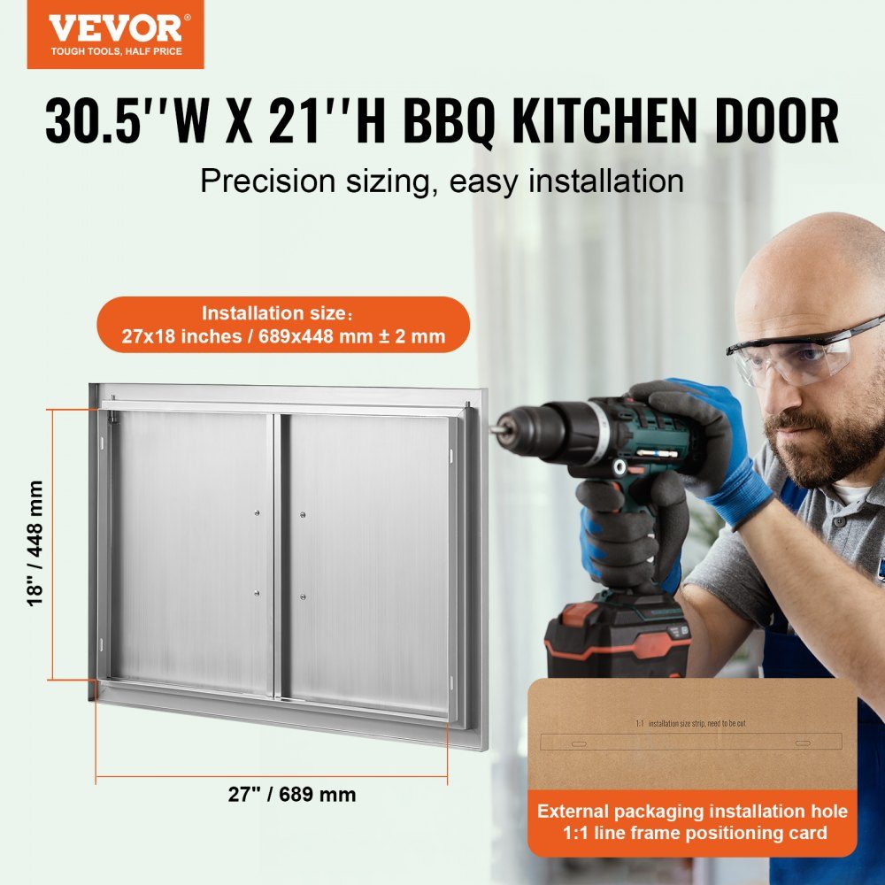 Grill Access Door 774x533mm Double Outdoor Kitchen Door Flush Mount Stainless Steel Door Vertical Wall Door with Handles for Grill Island Grill Station Outdoor Cabinet