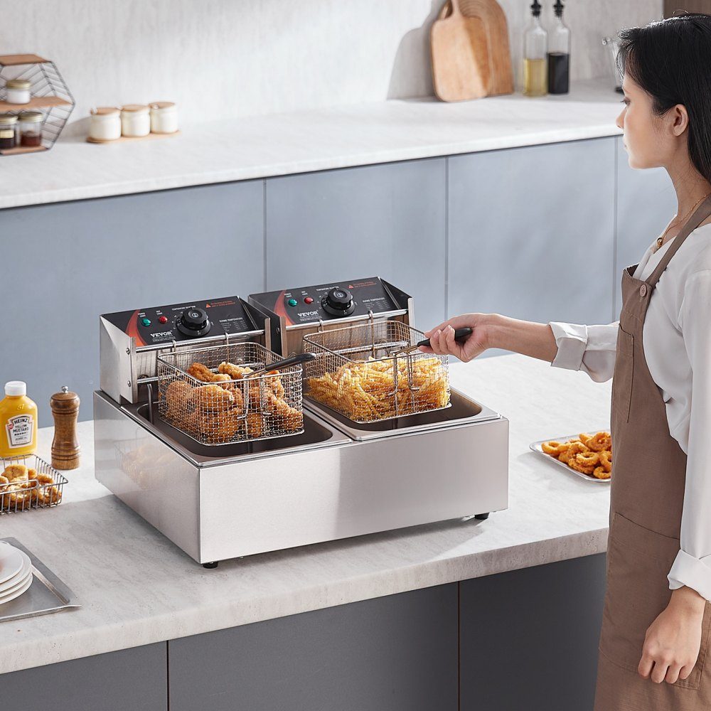 Commercial Electric Deep Fryer, 2x6L Large Electric Countertop with Removable Double Basket, 5000W Stainless Steel Double Fryer for Kitchen Restaurant