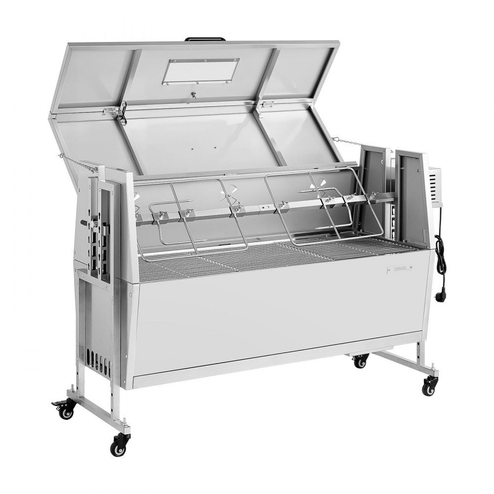 Rotisseriegrill 38W Spanferkelgrill Lammgrill Holzkohlegrill (1168,4 mm Grilllänge) mit 60 kg Tragkraft & Rollen & 4-fach Höhenverstellung & Deckel, Edelstahl Elektrogrill Set für Camping