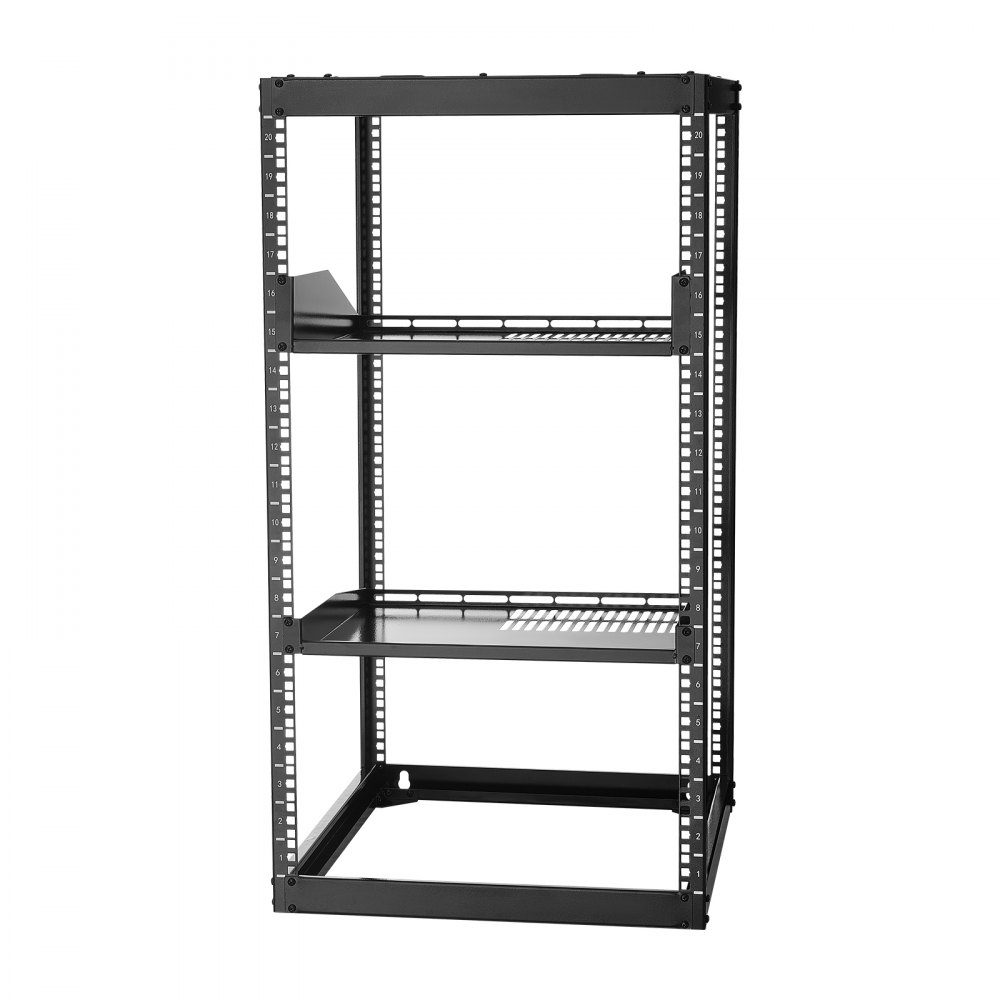 20U open frame network rack, 585mm depth, wall mount or floor standing server rack, 4 post construction, with ventilated shelves and mounting accessories, for network IT equipment and AV equipment