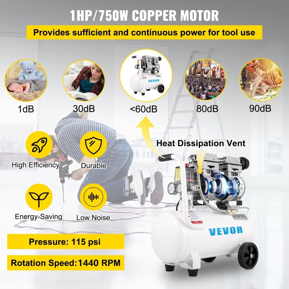 Whisper compressor 25 L, quiet oil-free compressor 750 W, oil-free air compressor 60 dB, compressed air compressor, quiet compressed air boiler 165 L/min exhaust air volume, with built-in exhaust fan
