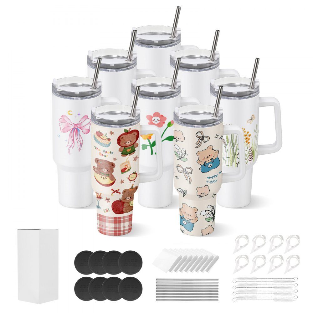 Sublimation Mugs 8pcs (1183ml), Stainless Steel Sublimation Mugs with Lid & Straw & Handle, Double Wall Insulated Sublimation Blanks for Custom DIY Design Gifts