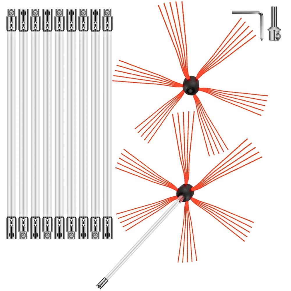 Schornsteinfeger, Schornsteinfegerbesen, 10 m, weißer Nylon-Kaminbesen, Ofenrohrbürste, professioneller Schornsteinfegerbesen 30 mm Bürstenlänge mit einem zusätzlichen Bürstenkopf, Schornsteinreiniger