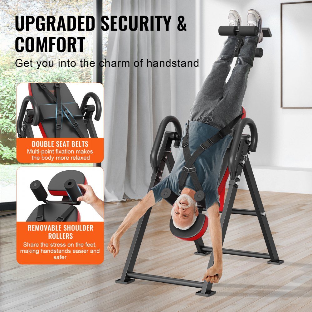 Inversion table, inversion bench, 136 kg load capacity, multifunctional back trainer, folding strength training device with headrest, ankle lock, adjustable protective belt, red + black