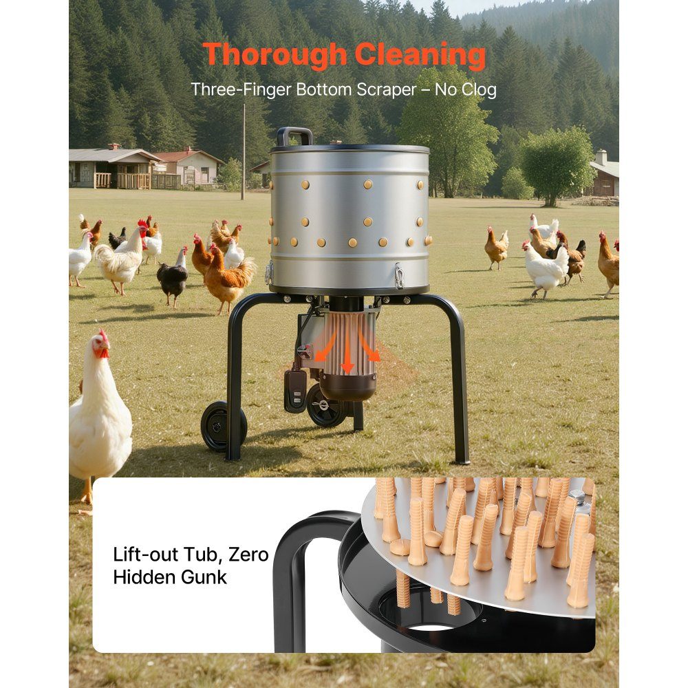 Poultry Plucking Machine, 400mm Drum, 500W, 230RPM, Electric Plucking Machine with 114 Soft Fingers and Transport Wheels, Stainless Steel Feather Remover for Processing 1-2 Chickens