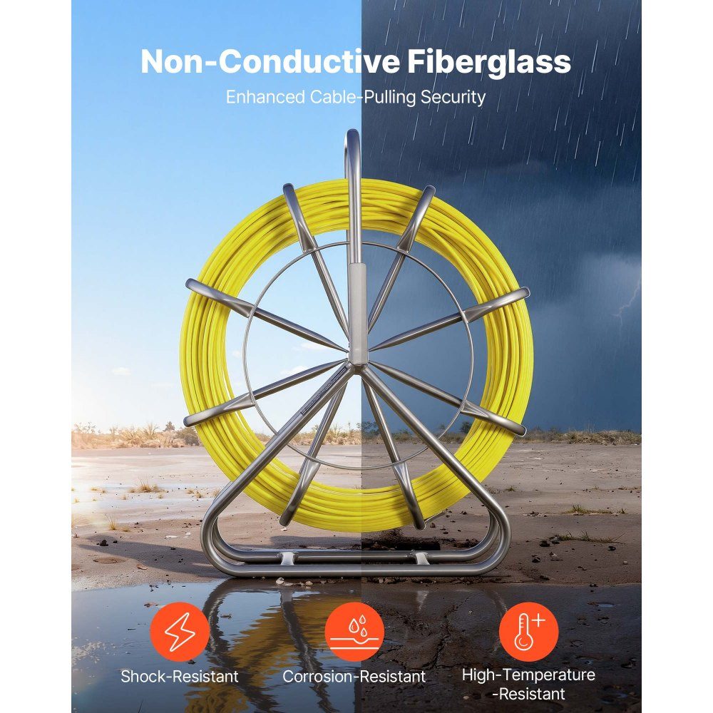 Fiberglas-Kabelrad 100 m Ø6,3 mm Fiberglasstab, Fischband mit Ständer, Kabeleinzugshilfe mit Markierungen, Kabeleinfädler, Kabelzieher für Wände & Elektroinstallationsrohre, nicht leitend