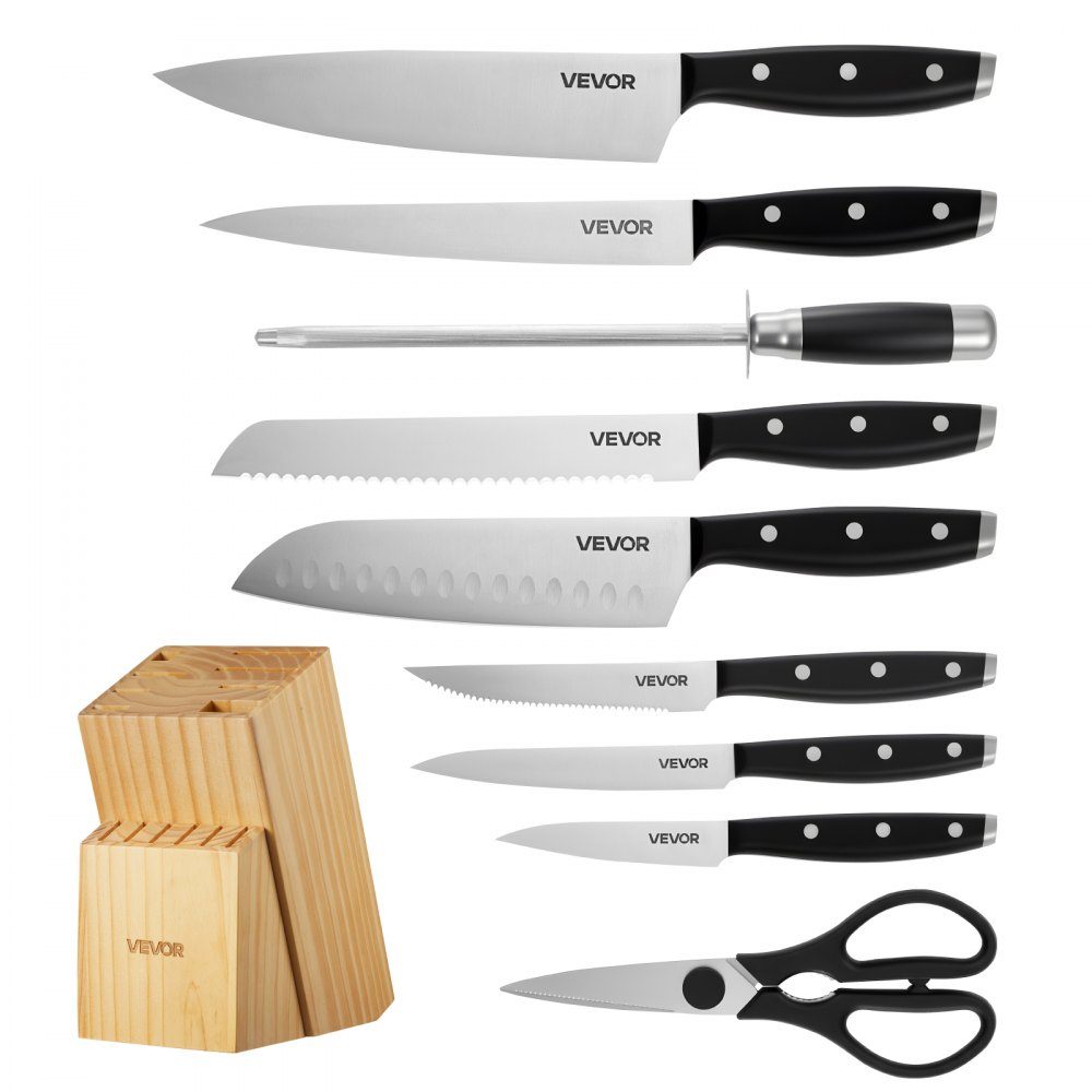 Kitchen knife set with knife block (wood) & sharpening steel, 15 pieces. Knife set, high carbon stainless steel knives, kitchen cutlery with ergonomic handle and kitchen scissors for home cooks