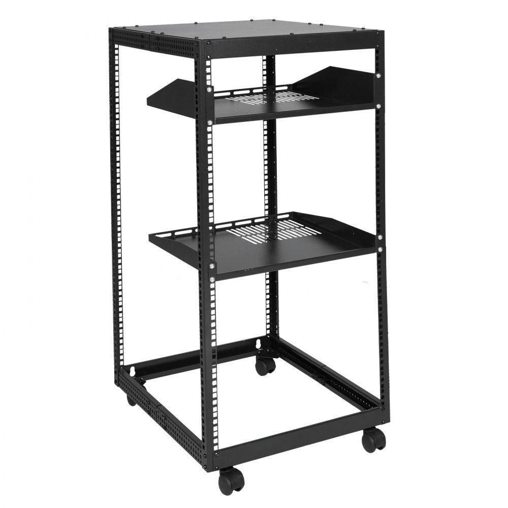 20U open frame server rack, freestanding or wall mounted network server rack, 4 post AV rack with wheels, can accommodate all your network IT equipment and AV equipment