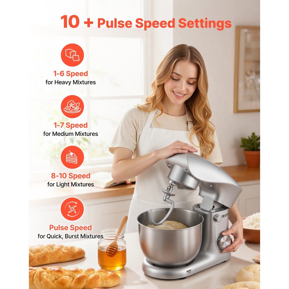Machine à pétrir Robot culinaire pour la cuisson, machine à pâte 1500 W avec bol en acier inoxydable (4,2 L) et crochet pétrisseur, batteur et fouet, batteur sur socle à inclinaison réglable à 10 vitesses – Réf. HT-23974