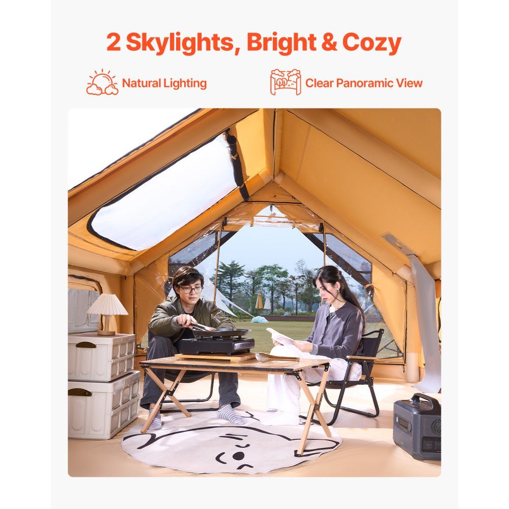 Aufblasbares Zelt für Camping, Zelt für 5–8 Personen mit Handpumpe, 4 x 3 x 2,2 m großes Glamping-Zelt mit 2 Oberlichtern, Vordach, Herdanschluss, 2 Türen, Netzfenstern und Aufbewahrungstasche