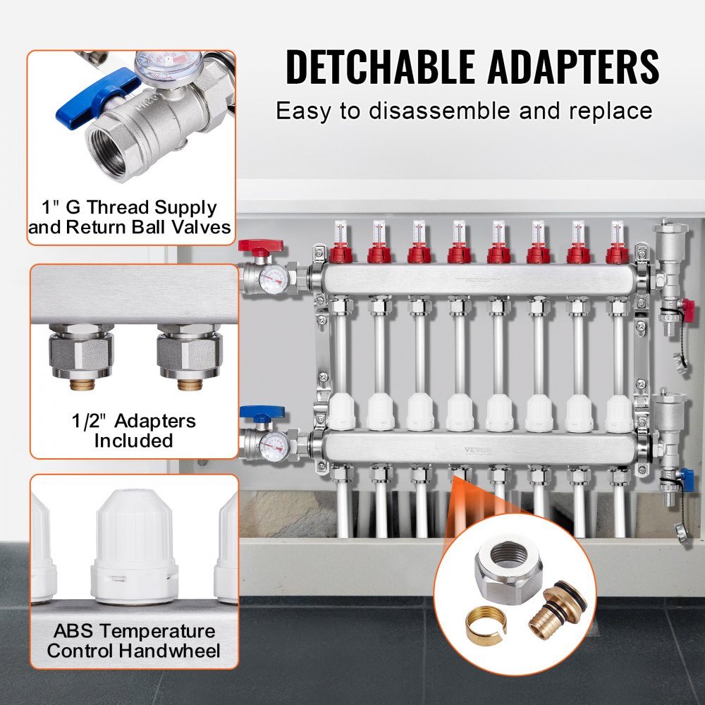 Wärmeverteiler mit 8 Zweigen, 1/2-Zoll-PEX-Rohrverteiler, PEX-Verteiler aus Edelstahl für hydronische Fußbodenheizung, Wärmeverteilungs-PEX-Verteiler-Kit mit 1/2-Zoll-Adaptern im Lieferumfang enthalten