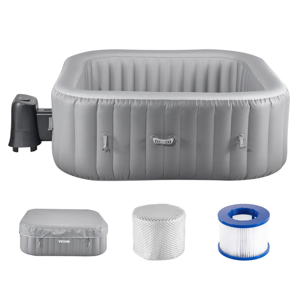 Opblaasbaar bad voor 4 tot 6 personen (185 x 66 cm), vierkant en draagbaar, met 130 rustgevende jets, filter, hoes, mat en multifunctioneel bedieningspaneel, PVC buitenwhirlpool