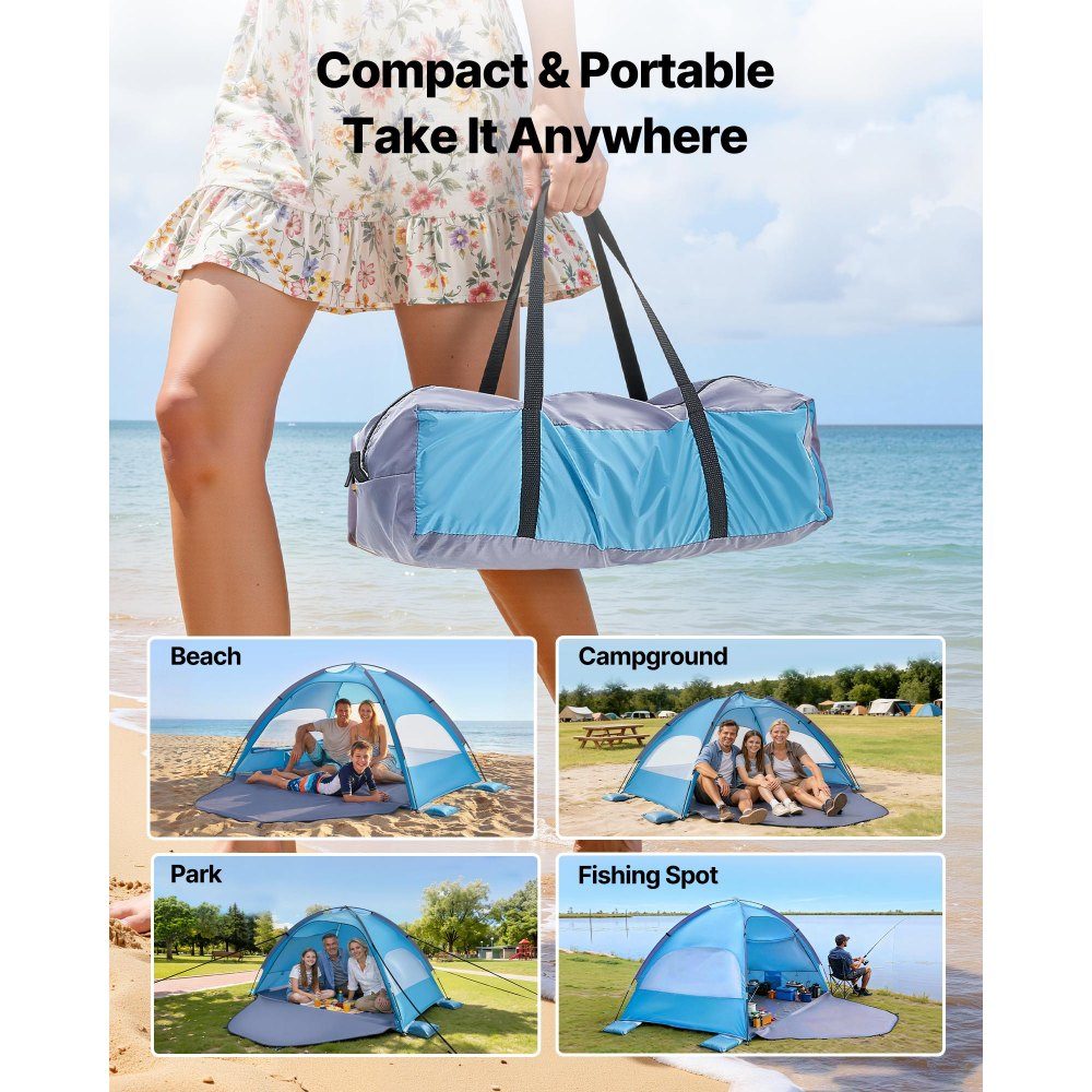 Strandtent Zonnescherm voor 3 personen, UPF 50+ bescherming, draagbare strandtent met draagtas en grondankers, lichtgewicht strandparaplu voor kamperen, vissen, picknicken, zonnetent