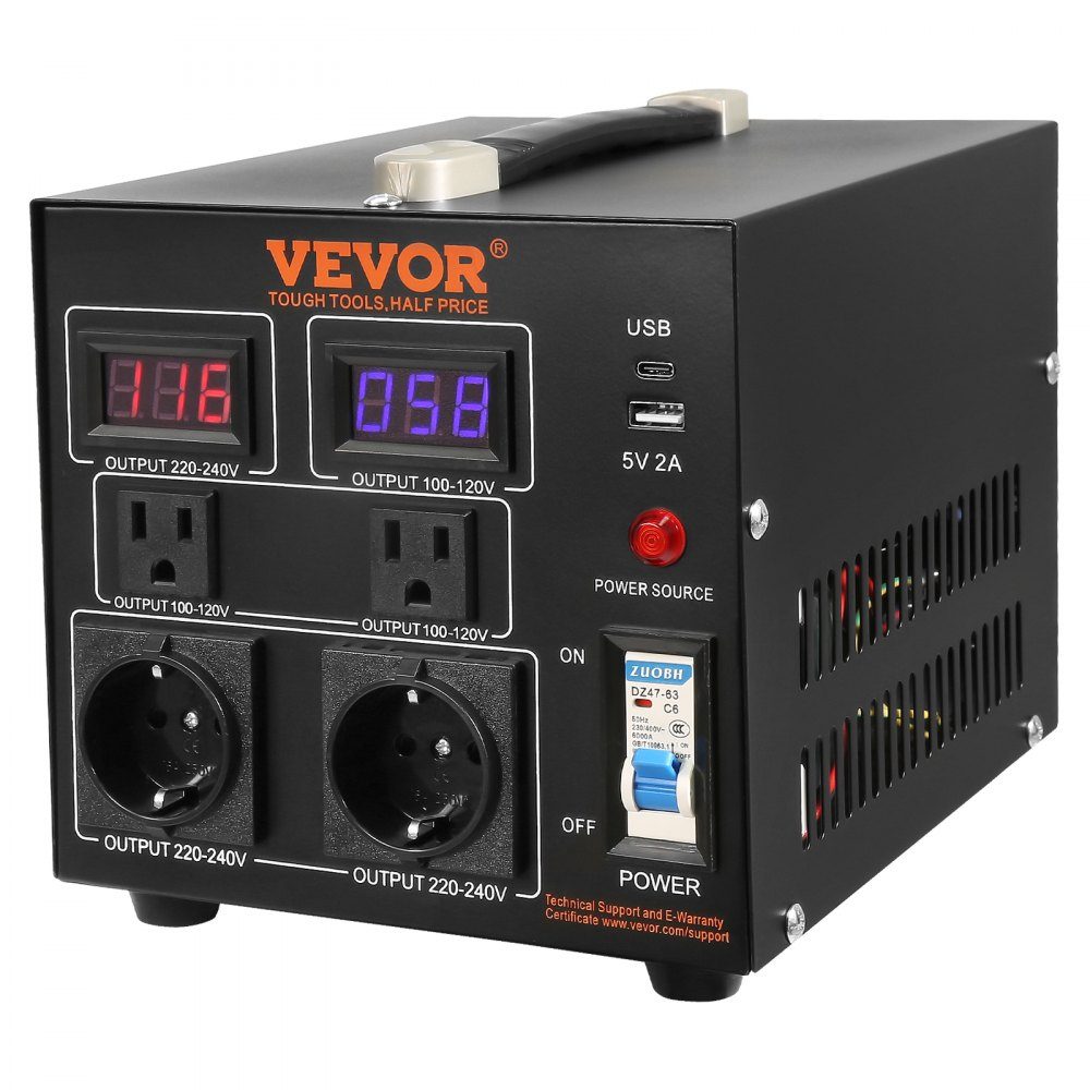 2000 W Spannungswandler-Transformator AC 110 V⇋220 V Transformator-Konverter 2x US NEMA 5-15R 3-polig/2x standardmäßige europäische Shucko-Ausgangsbuchsen, 1x 5V USB-Anschluss, 1x Typ-C-Buchse