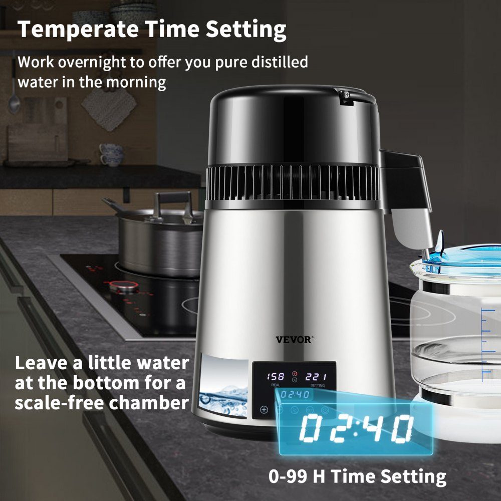 Distillateur d'eau avec contrôle de température, distillateur en acier inoxydable 4 L, distillateur d'eau 1750 W, distillateur d'eau pure avec pichet en verre, 1,5 L/heure. Appareil de distillation Appareil de distillation d'eau – Réf. HT-23645