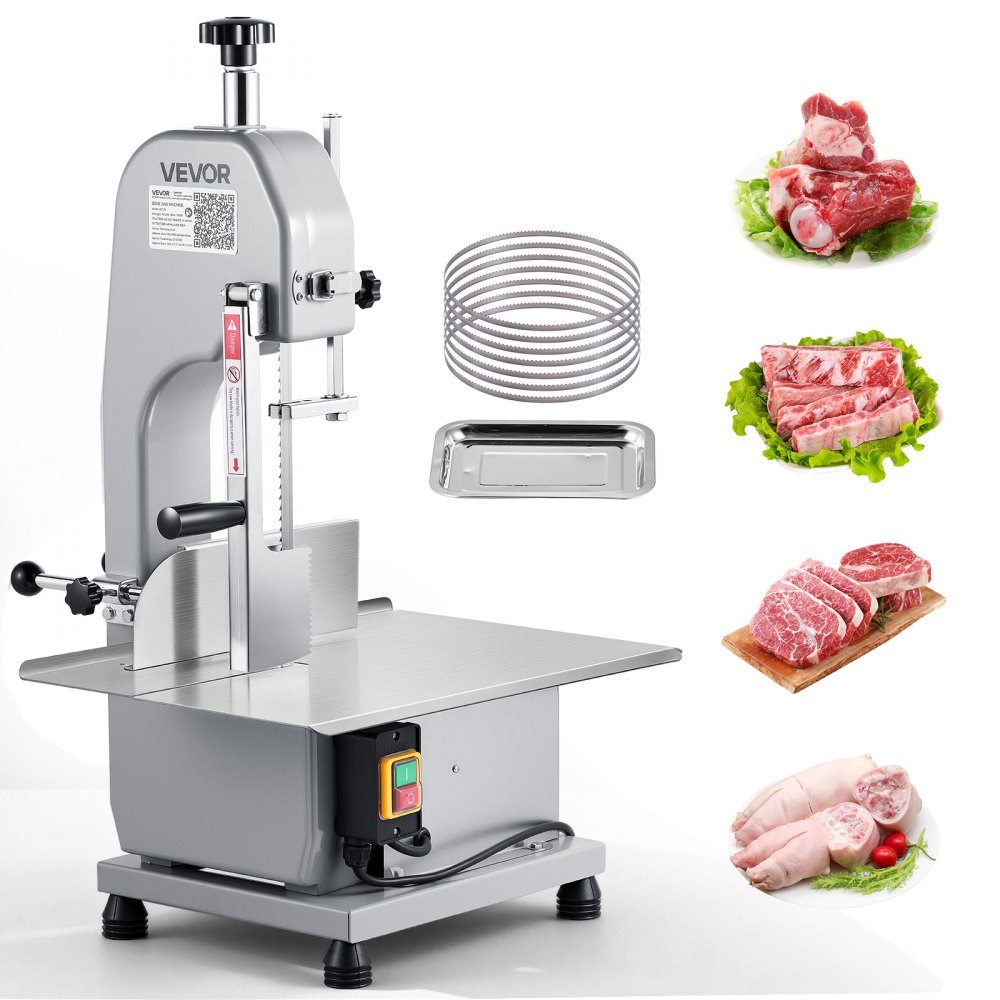 Electric meat band saw 1100 W, bone cutting machine with work surface (315 x 460 mm), cutting thickness (0-110 mm) and 7 additional replacement blades, for frozen meat, pork