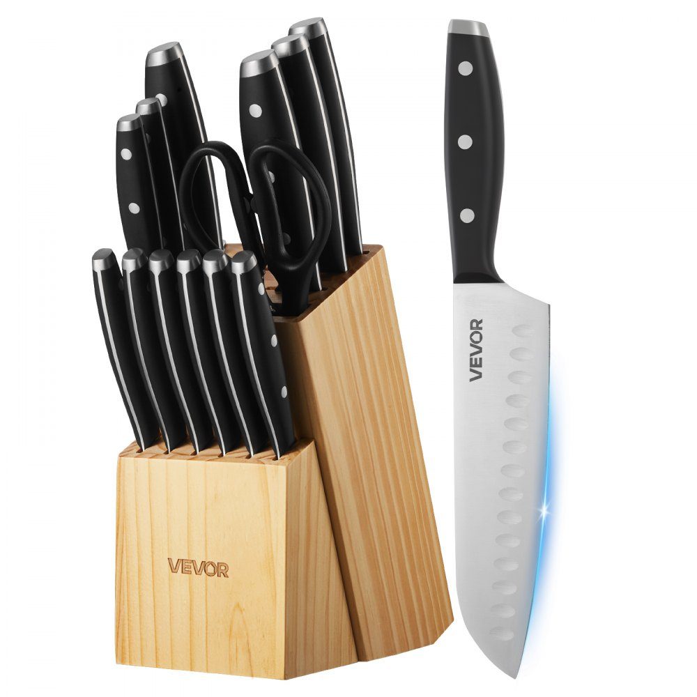 Kitchen knife set with knife block (wood) & sharpening steel, 15 pieces. Knife set, high carbon stainless steel knives, kitchen cutlery with ergonomic handle and kitchen scissors for home cooks