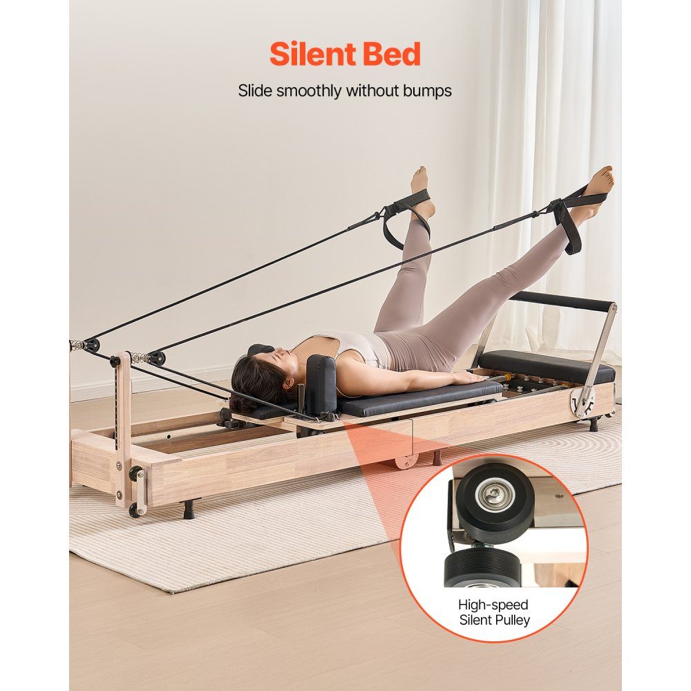 Zusammenklappbares Pilates-Reformer-Trainingsgerät aus Gummibaumholz für das Fitnessstudio zu Hause, Pilatesbett mit zwei Widerständen – Feder und Kordel, Ausrüstung mit Sitzbox, bis zu 400 Pfund