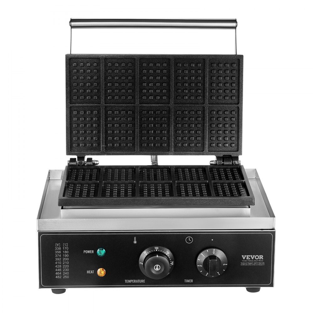 Kommerzielles Waffeleisen, 1550 W, antihaftbeschichtetes Waffeleisen aus Edelstahl mit Temperatur- und Zeitkontrollgriff, für Restaurant, Bäckerei, Snackbar, Familie, 10 rechteckige Waffeln